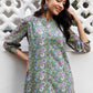 Janasya Regular Weightless Georgette Sage Floral Band Collar Tunic | Swadesiicart