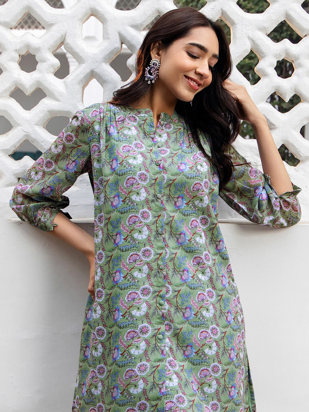 Janasya Regular Weightless Georgette Sage Floral Band Collar Tunic | Swadesiicart