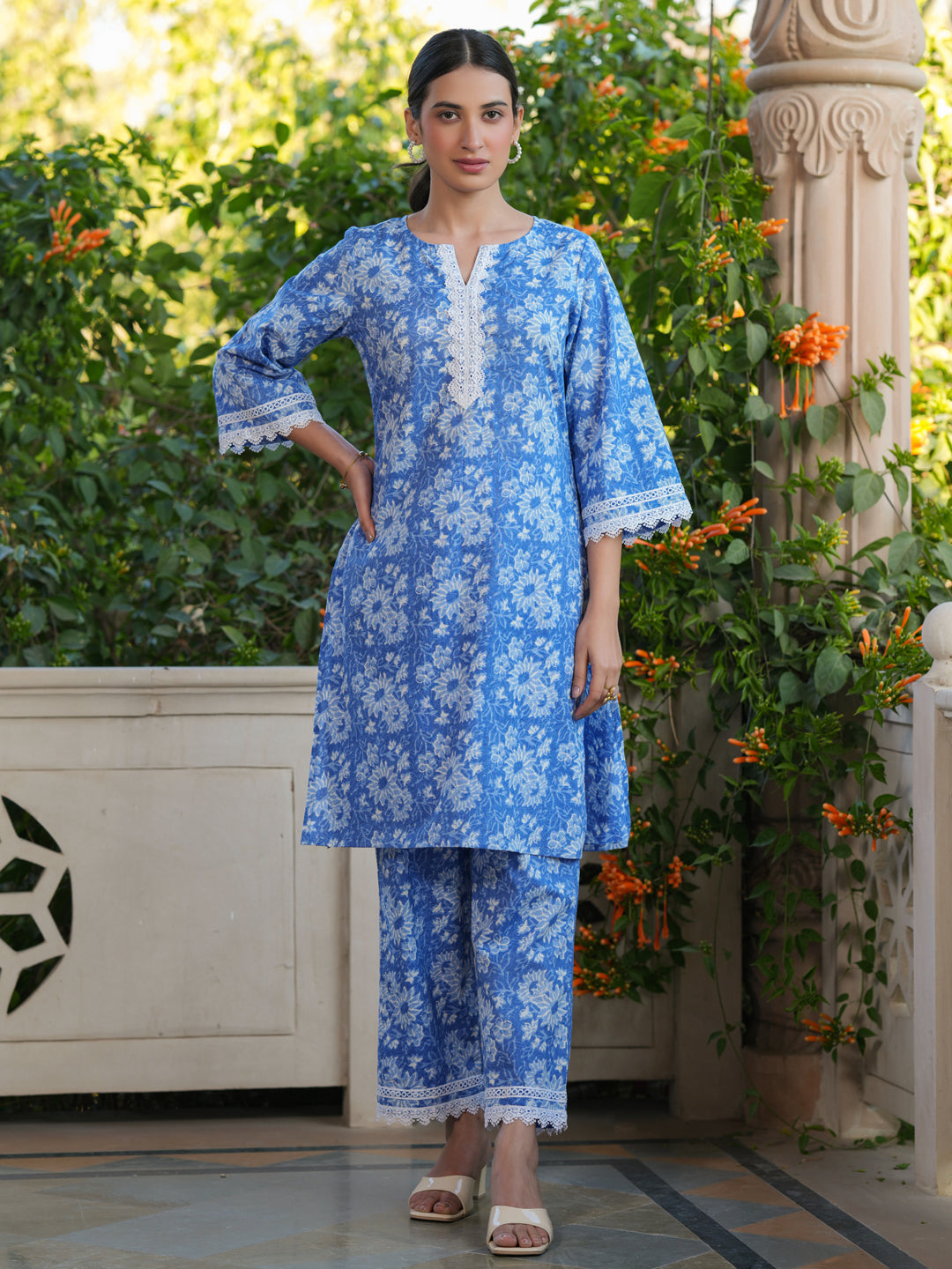 Janasya Light Cotton Floral Straight Top & Bottom Set | Swadesiicart