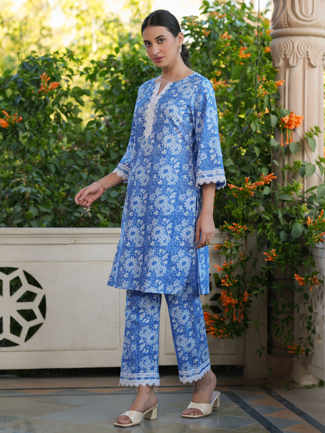 Janasya Light Cotton Floral Straight Top & Bottom Set | Swadesiicart