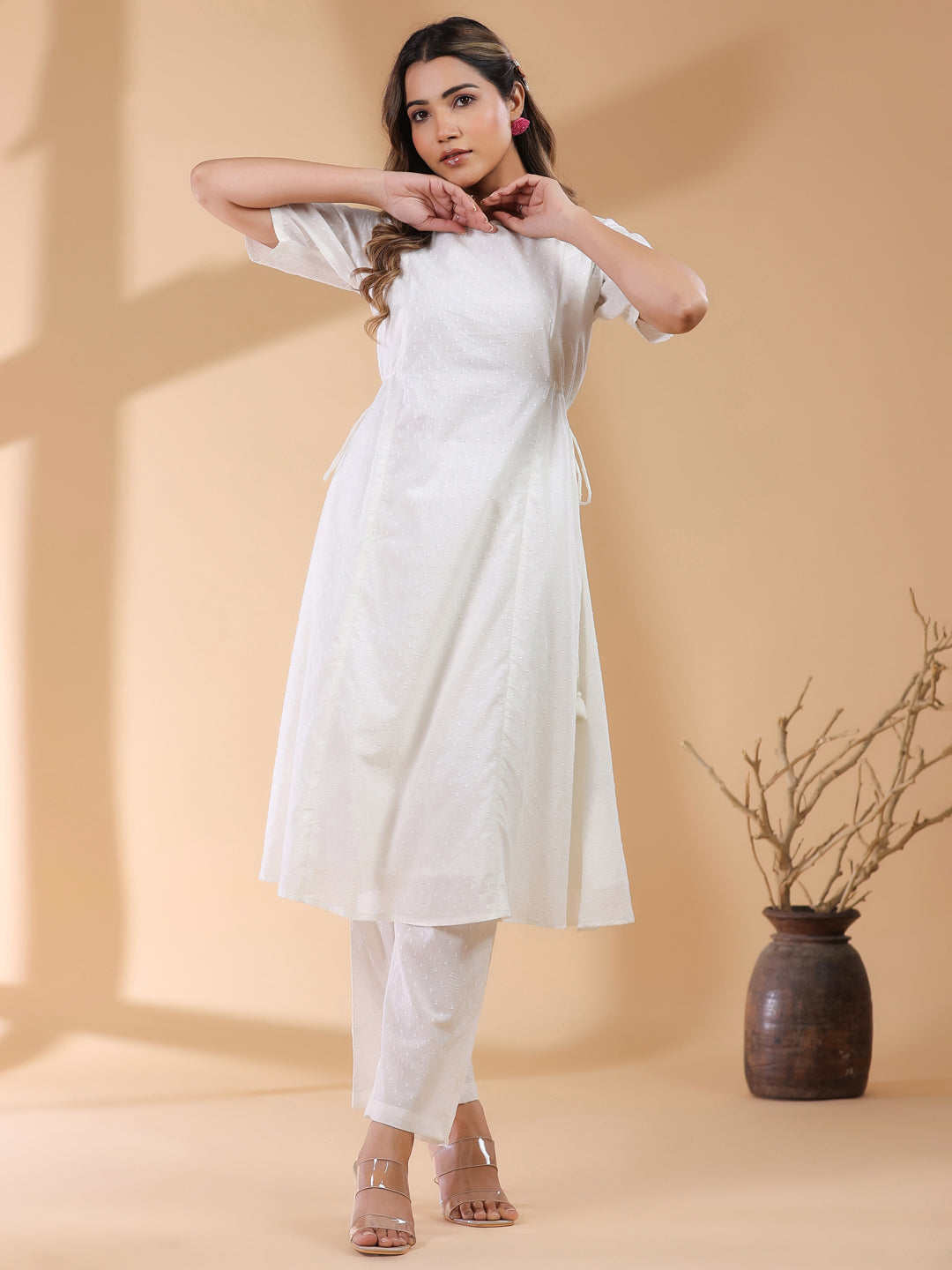 Janasya Light Dobby Cotton Self Design A-Line Kurta Set | Swadesiicart