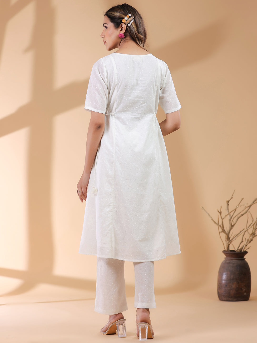 Janasya Light Dobby Cotton Self Design A-Line Kurta Set | Swadesiicart