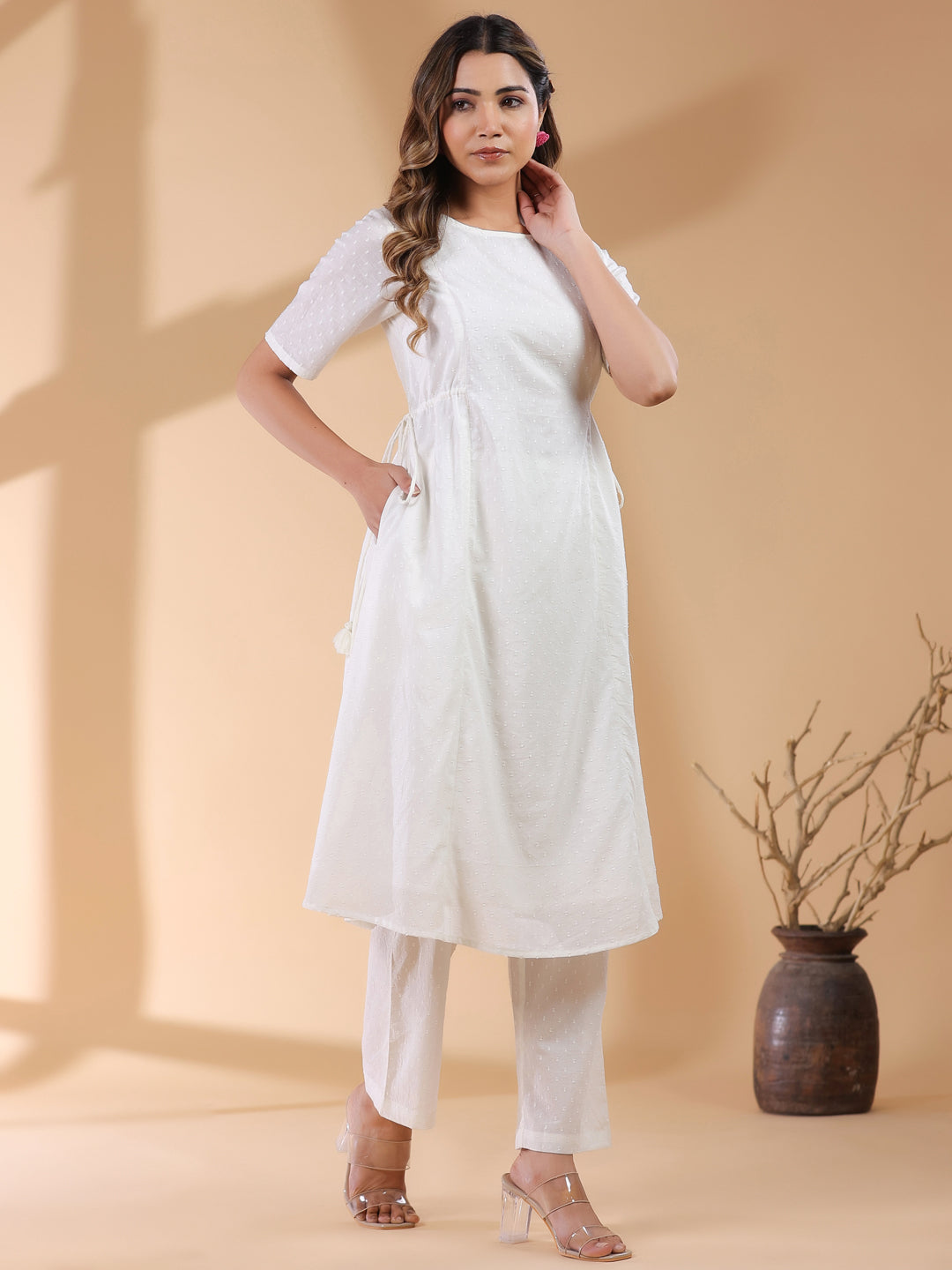 Janasya Light Dobby Cotton Self Design A-Line Kurta Set | Swadesiicart