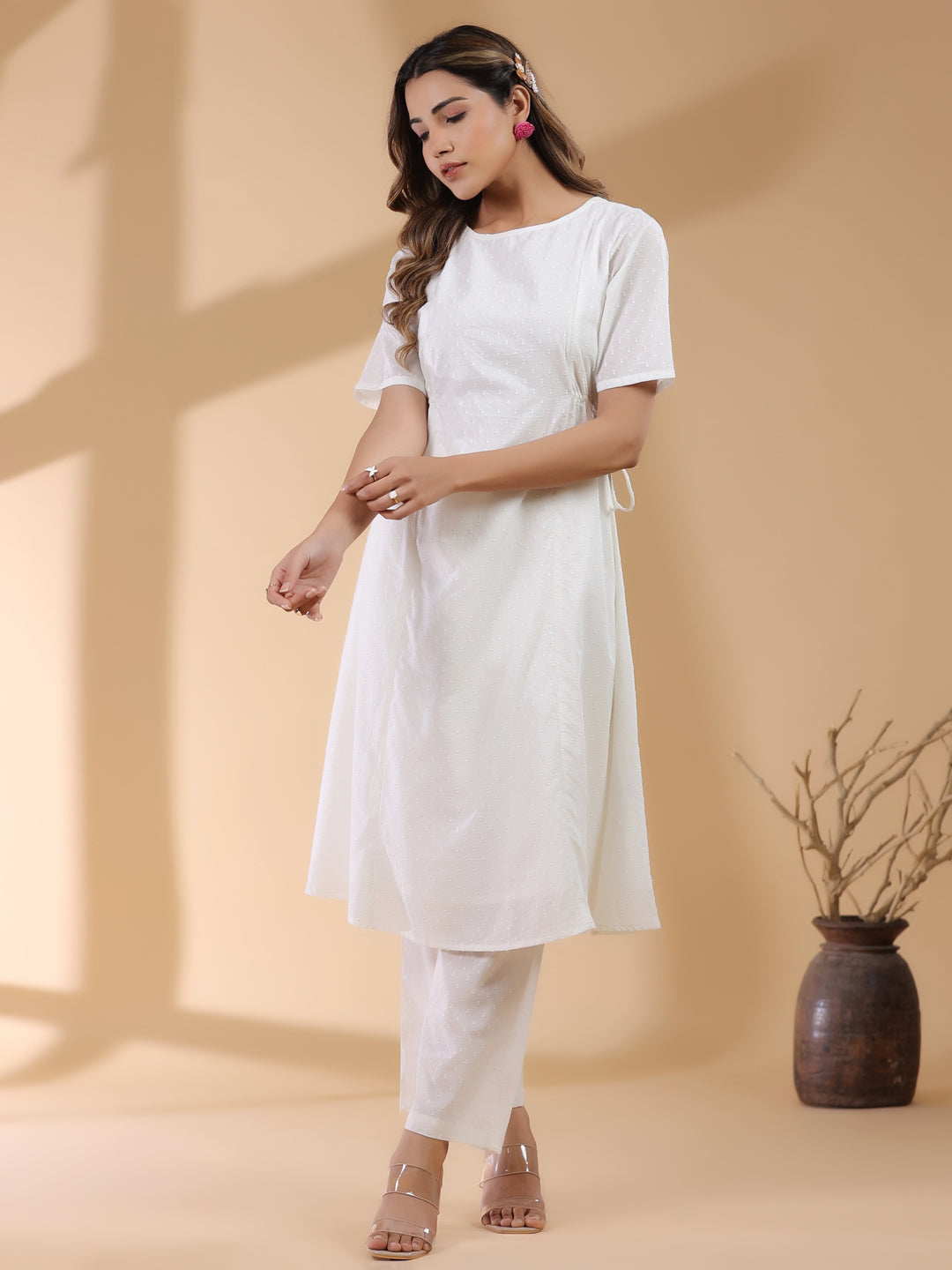 Janasya Light Dobby Cotton Self Design A-Line Kurta Set | Swadesiicart