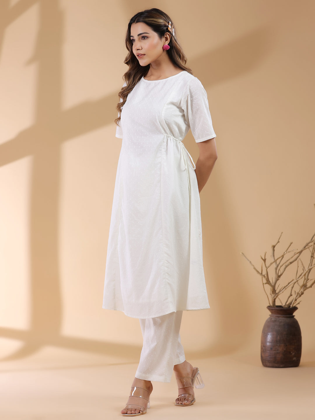Janasya Light Dobby Cotton Self Design A-Line Kurta Set | Swadesiicart