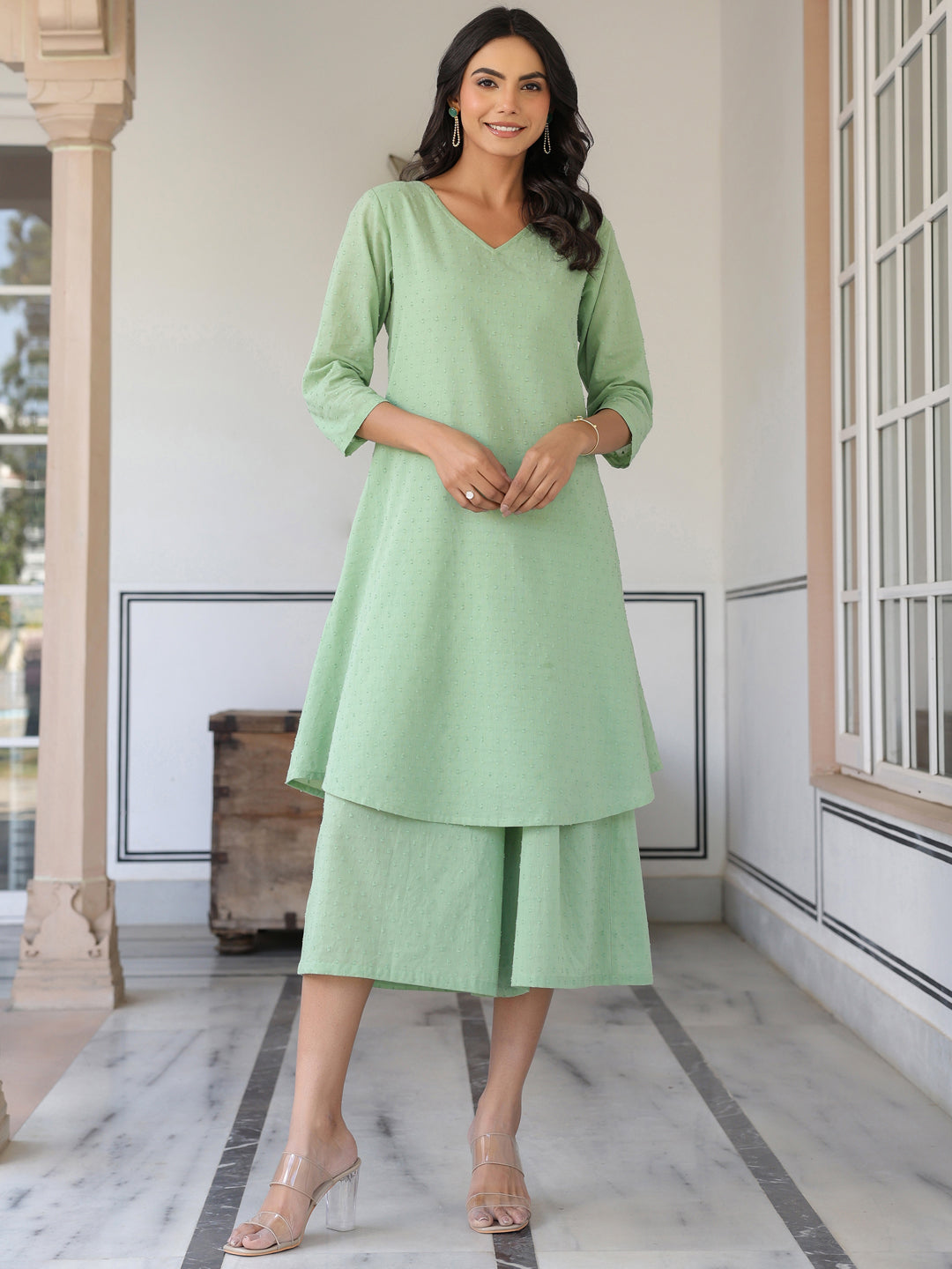 Janasya Light Dobby Cotton Self Design A-Line Top & Bottom Set | Swadesiicart