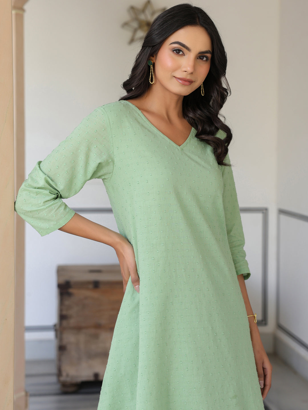 Janasya Light Dobby Cotton Self Design A-Line Top & Bottom Set | Swadesiicart