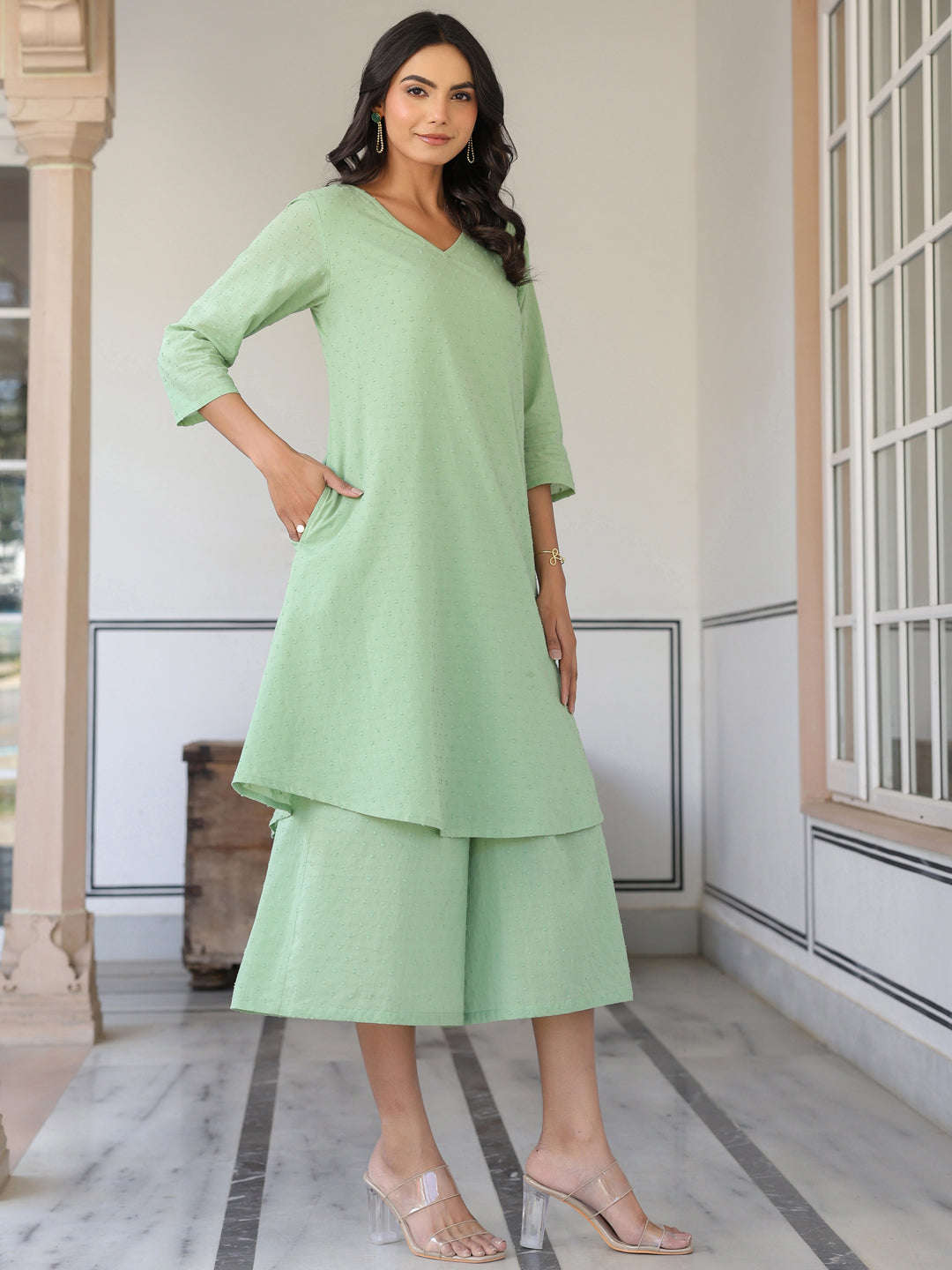 Janasya Light Dobby Cotton Self Design A-Line Top & Bottom Set | Swadesiicart