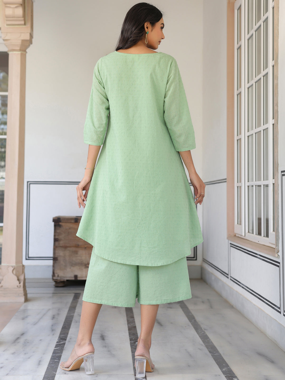 Janasya Light Dobby Cotton Self Design A-Line Top & Bottom Set | Swadesiicart