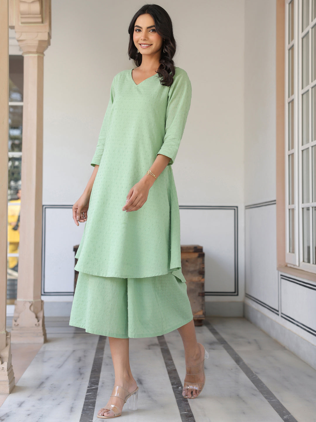 Janasya Light Dobby Cotton Self Design A-Line Top & Bottom Set | Swadesiicart