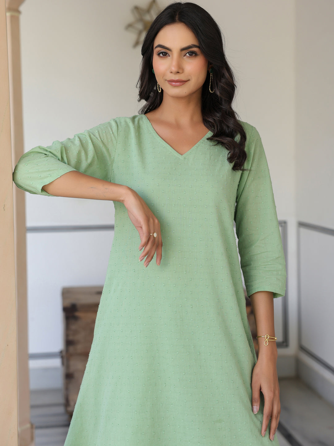Janasya Light Dobby Cotton Self Design A-Line Top & Bottom Set | Swadesiicart
