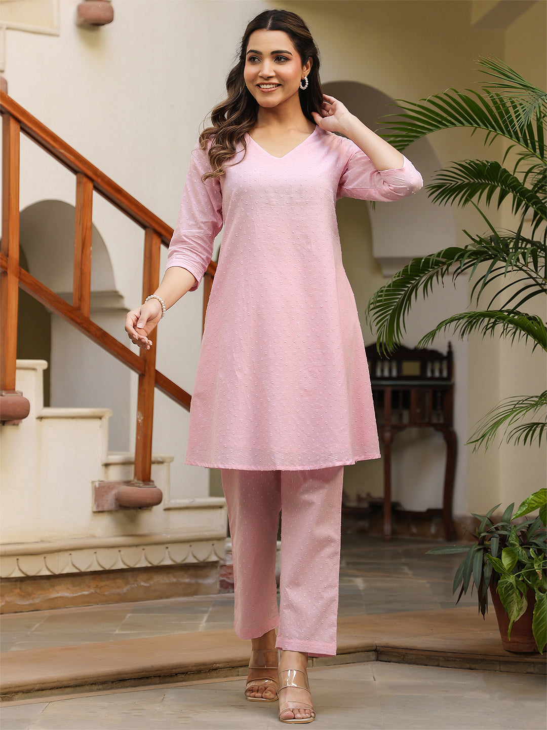Janasya Light Dobby Cotton Self Design A-Line Top & Bottom Set | Swadesiicart