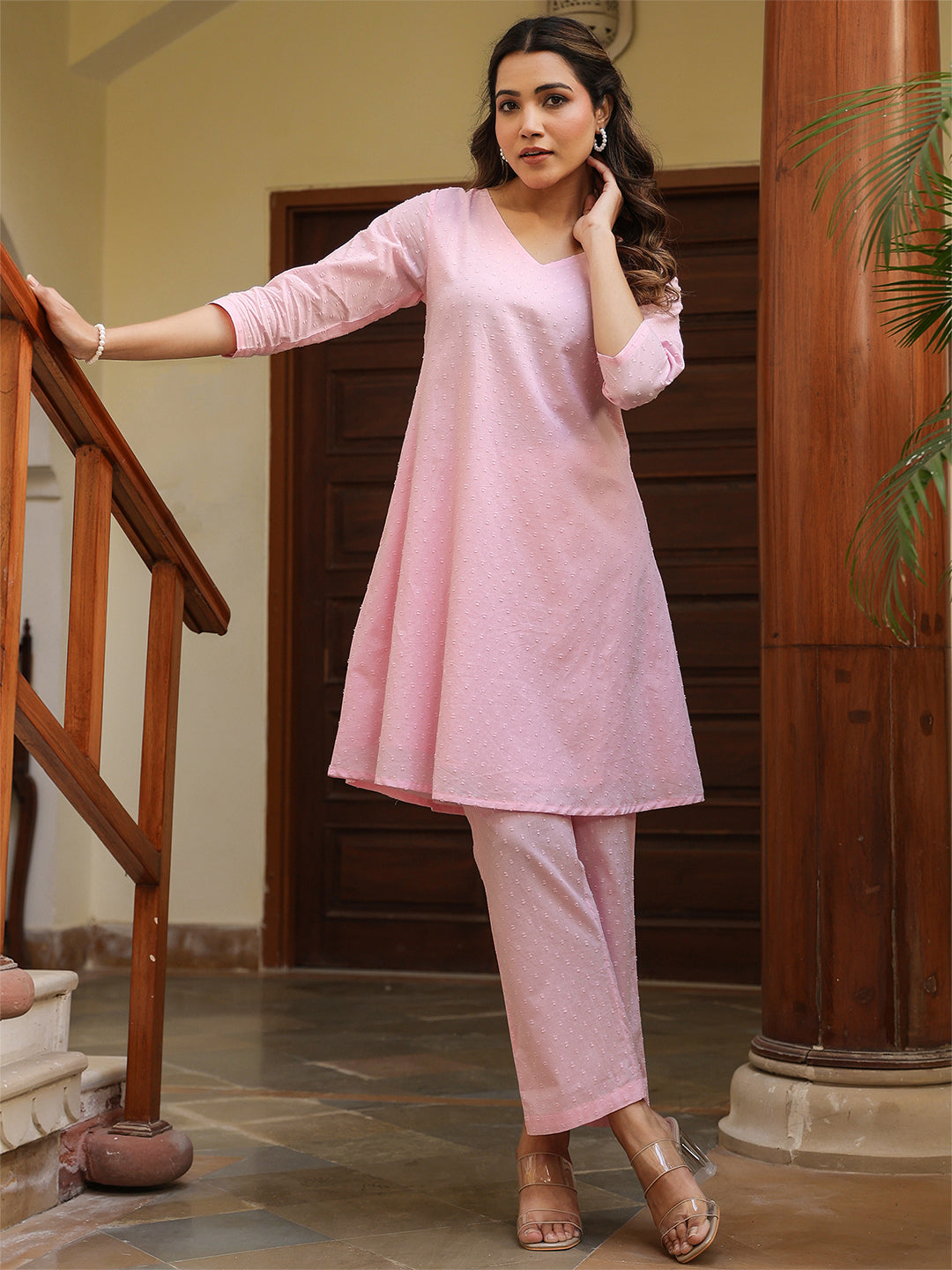 Janasya Light Dobby Cotton Self Design A-Line Top & Bottom Set | Swadesiicart