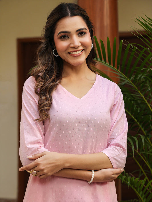 Janasya Light Dobby Cotton Self Design A-Line Top & Bottom Set | Swadesiicart