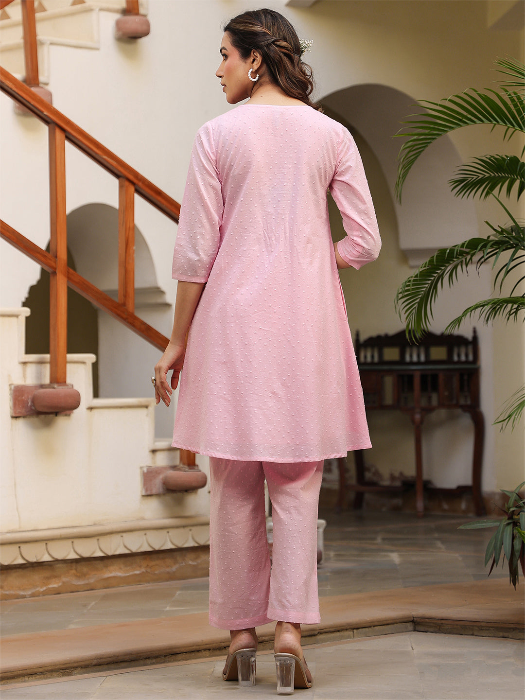 Janasya Light Dobby Cotton Self Design A-Line Top & Bottom Set | Swadesiicart