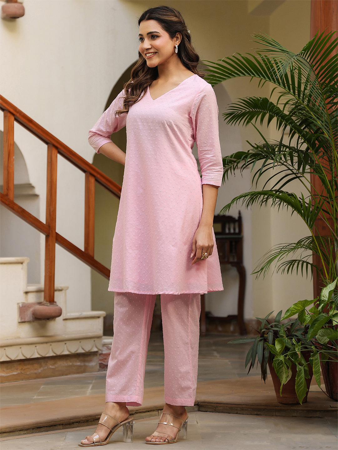 Janasya Light Dobby Cotton Self Design A-Line Top & Bottom Set | Swadesiicart