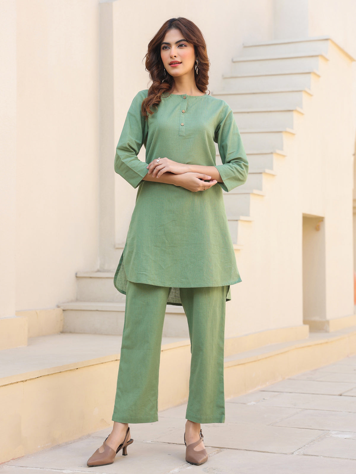 Janasya Dark Cotton Solid A-Line Top & Bottom Set | Swadesiicart