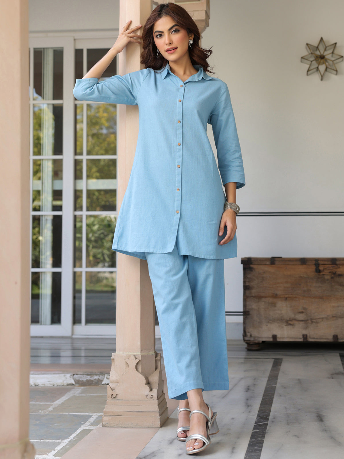 Janasya Light Cotton Solid Straight Top & Bottom Set | Swadesiicart