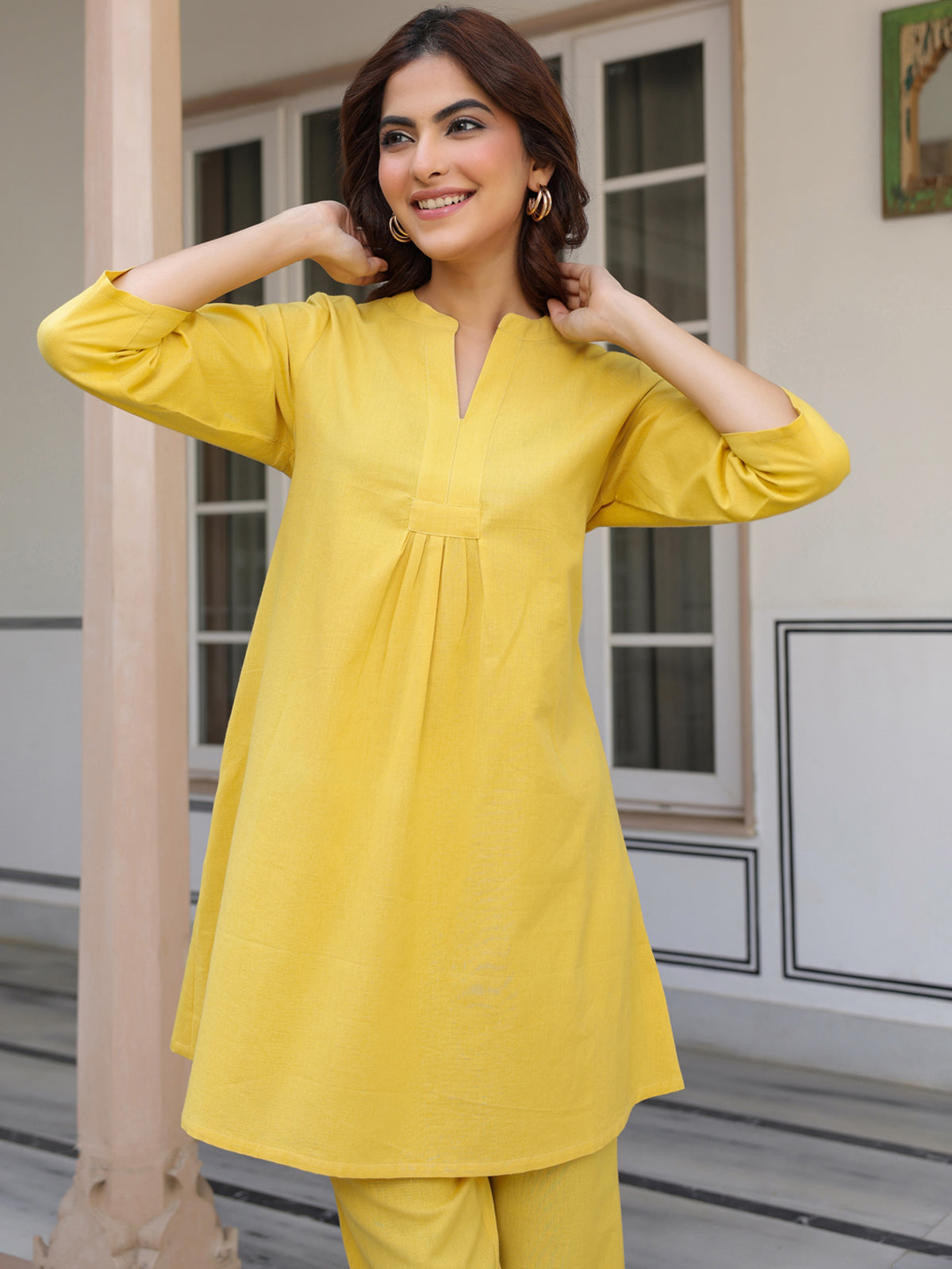 Janasya Bright Cotton Solid A-Line Top & Bottom Set | Swadesiicart
