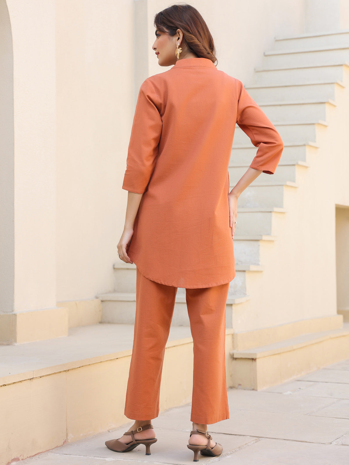 Janasya Dark Cotton Solid A-Line Top & Bottom Set | Swadesiicart
