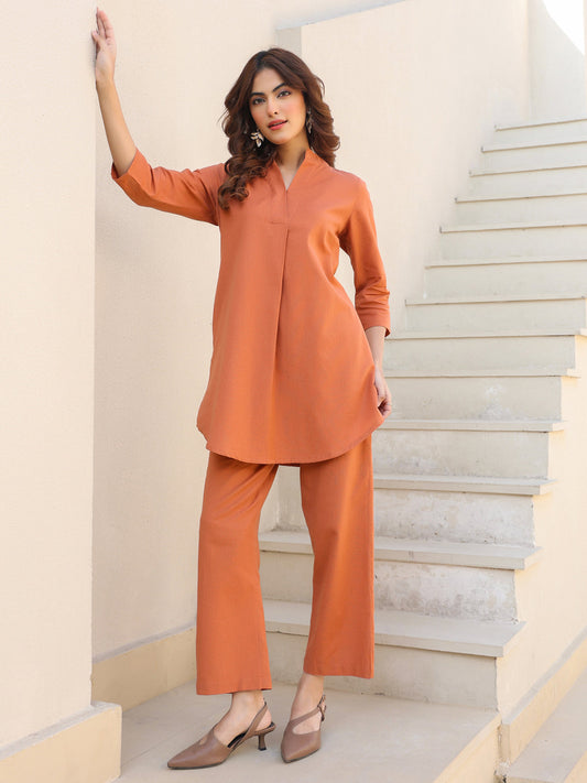 Janasya Dark Cotton Solid A-Line Top & Bottom Set | Swadesiicart
