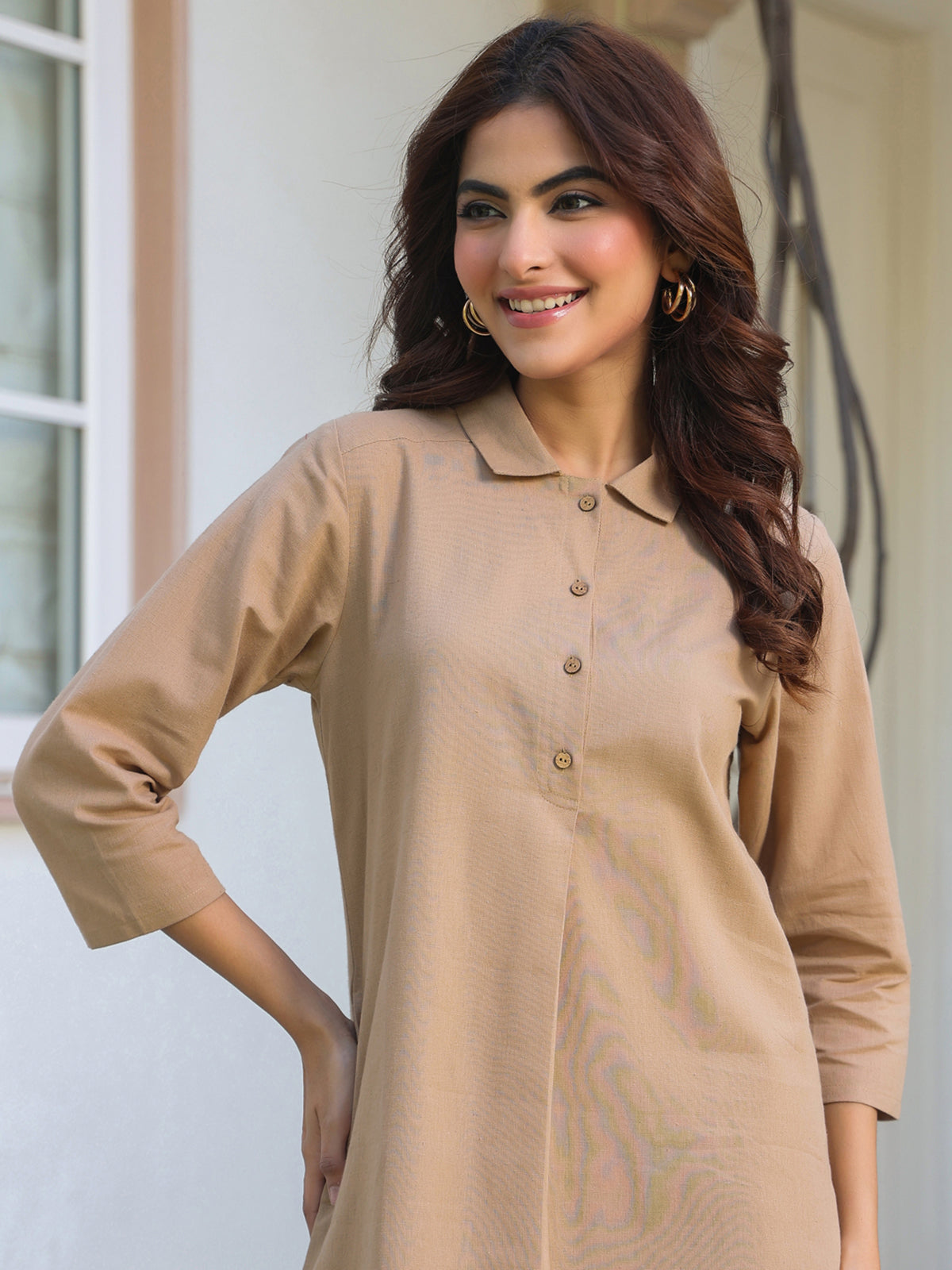 Janasya Dark Cotton Solid A-Line Top & Bottom Set | Swadesiicart