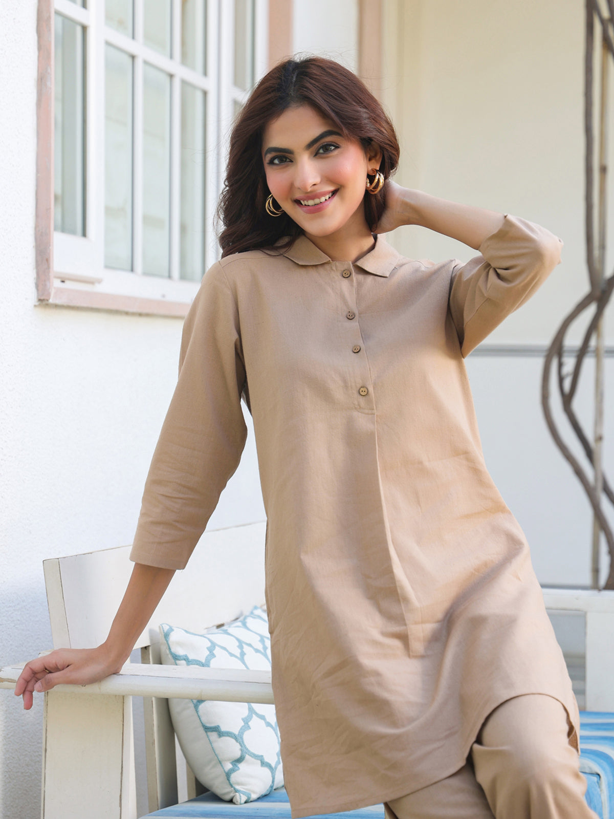 Janasya Dark Cotton Solid A-Line Top & Bottom Set | Swadesiicart