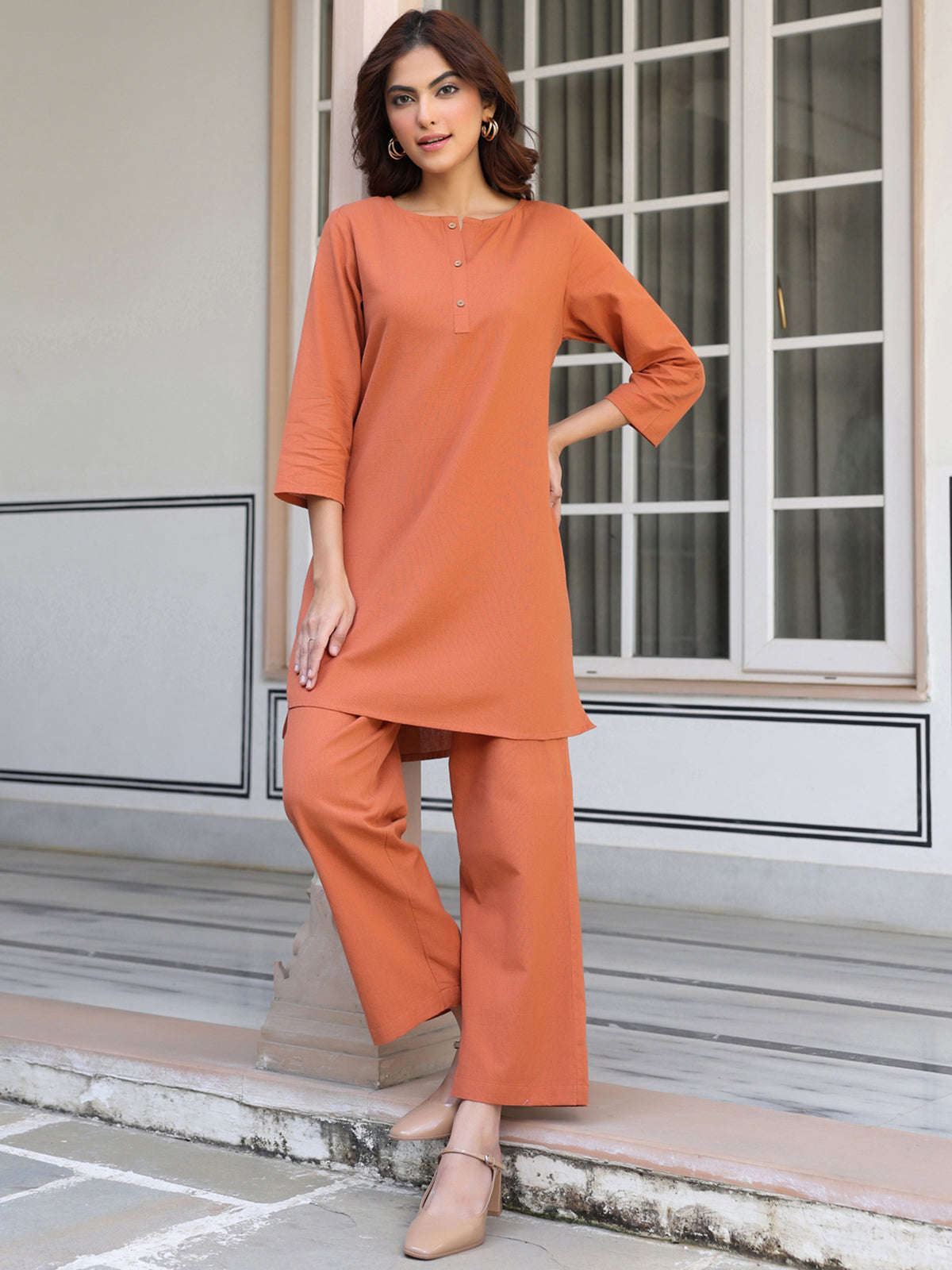 Janasya Dark Cotton Solid A-Line Top & Bottom Set | Swadesiicart