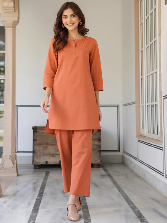 Janasya Dark Cotton Solid A-Line Top & Bottom Set | Swadesiicart