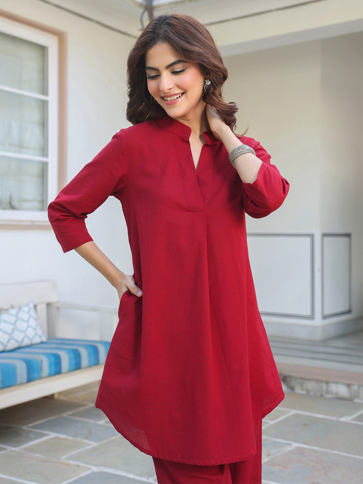Janasya Dark Cotton Solid A-Line Top & Bottom Set | Swadesiicart