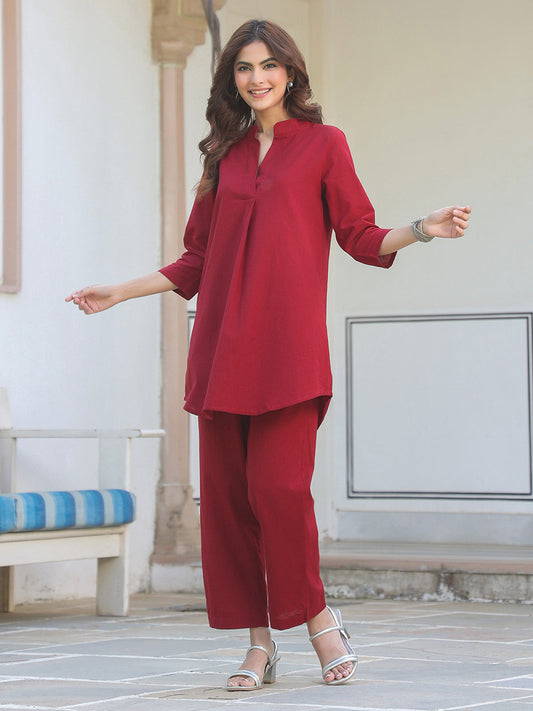 Janasya Dark Cotton Solid A-Line Top & Bottom Set | Swadesiicart