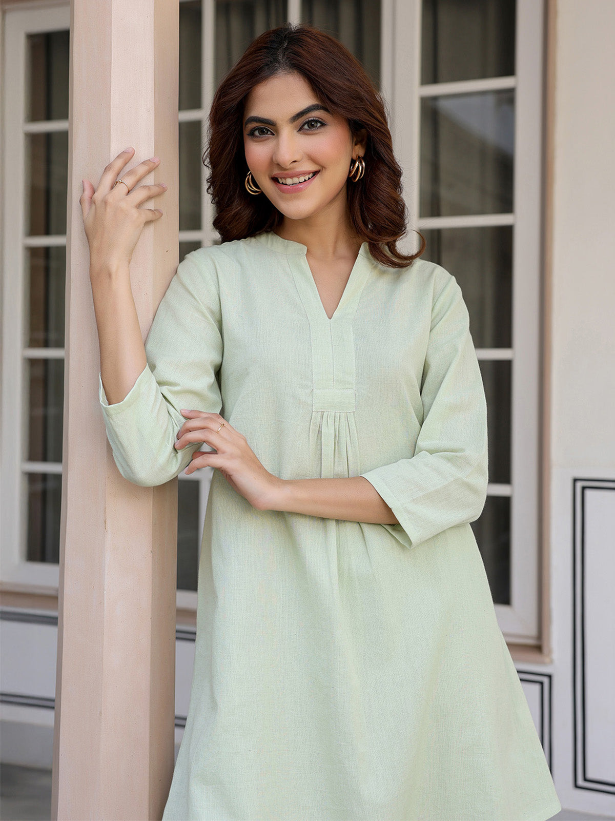 Janasya Light Cotton Solid A-Line Top & Bottom Set | Swadesiicart