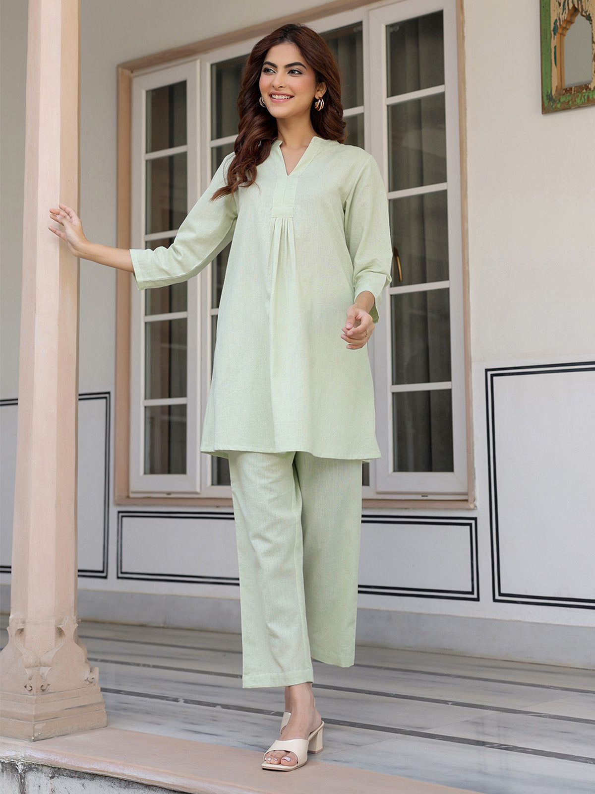 Janasya Light Cotton Solid A-Line Top & Bottom Set | Swadesiicart