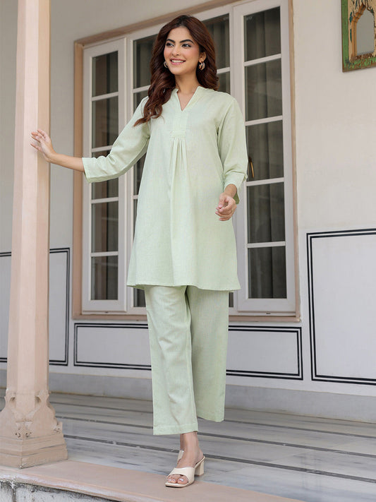 Janasya Light Cotton Solid A-Line Top & Bottom Set | Swadesiicart
