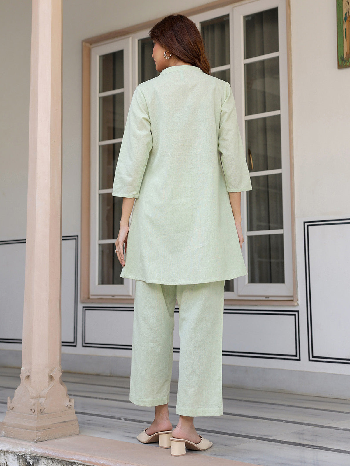 Janasya Light Cotton Solid A-Line Top & Bottom Set | Swadesiicart