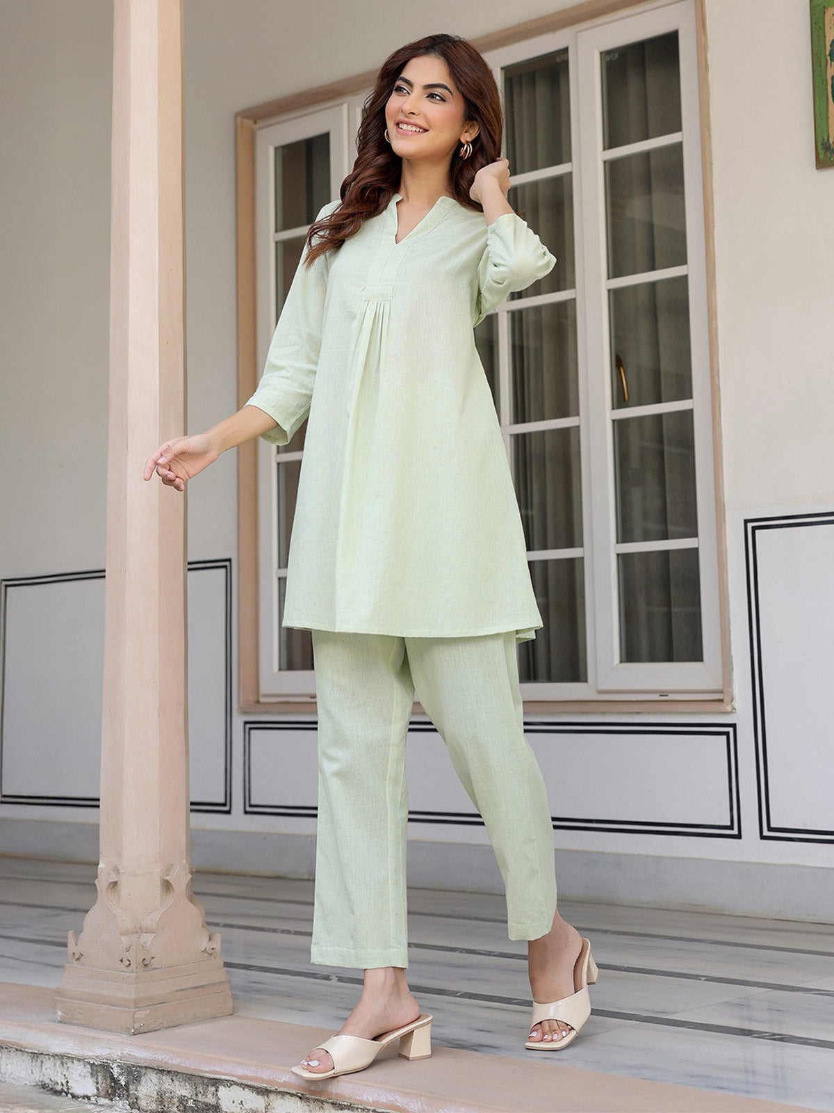 Janasya Light Cotton Solid A-Line Top & Bottom Set | Swadesiicart