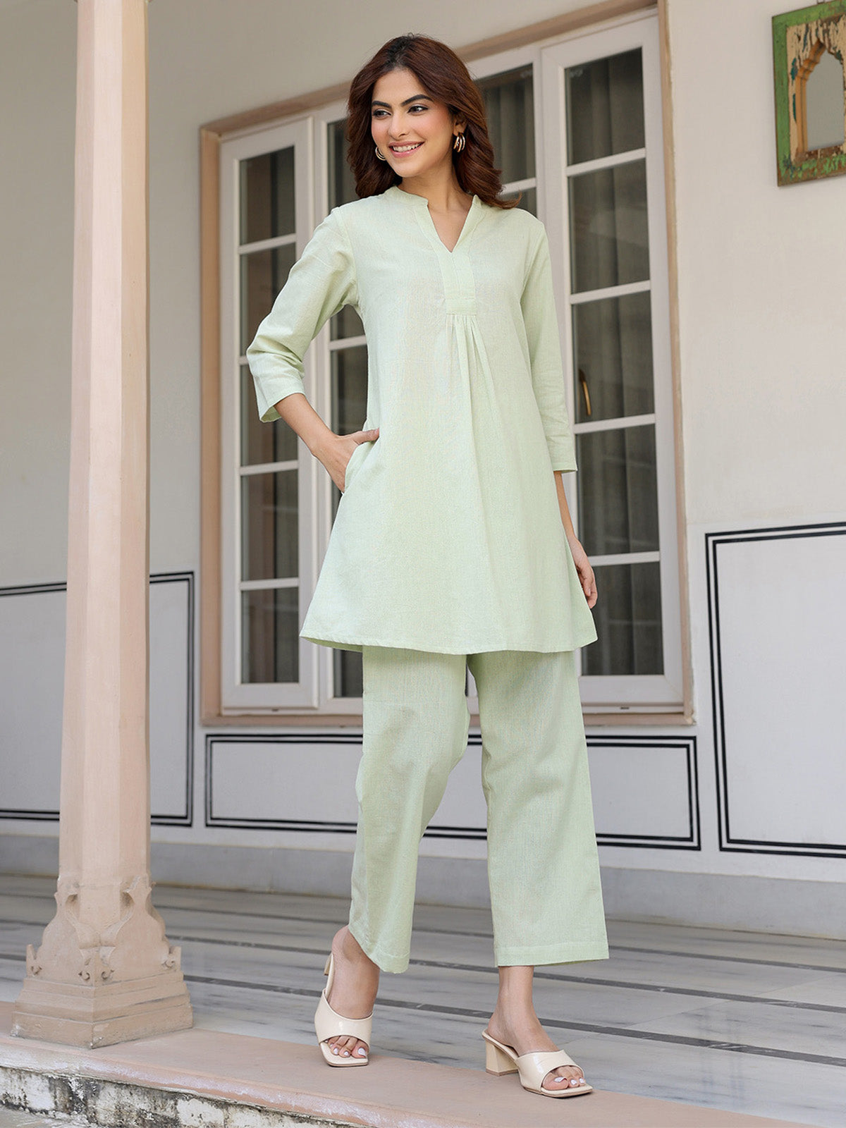 Janasya Light Cotton Solid A-Line Top & Bottom Set | Swadesiicart