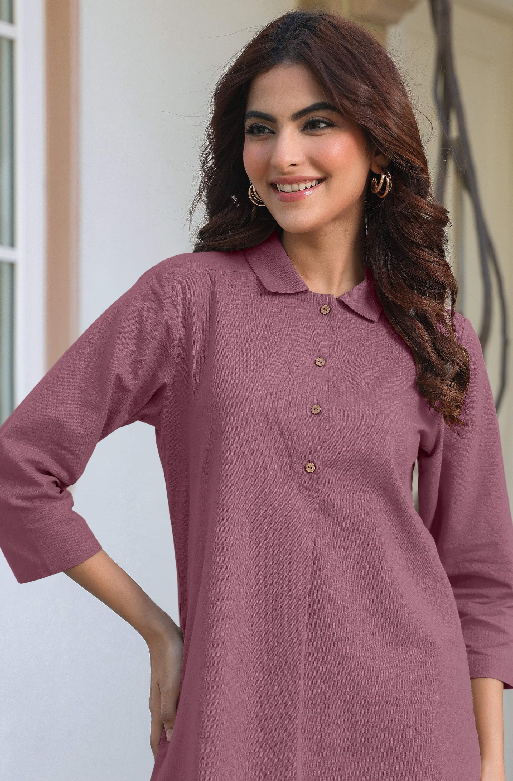 Janasya Light Cotton Solid A-Line Top & Bottom Set | Swadesiicart