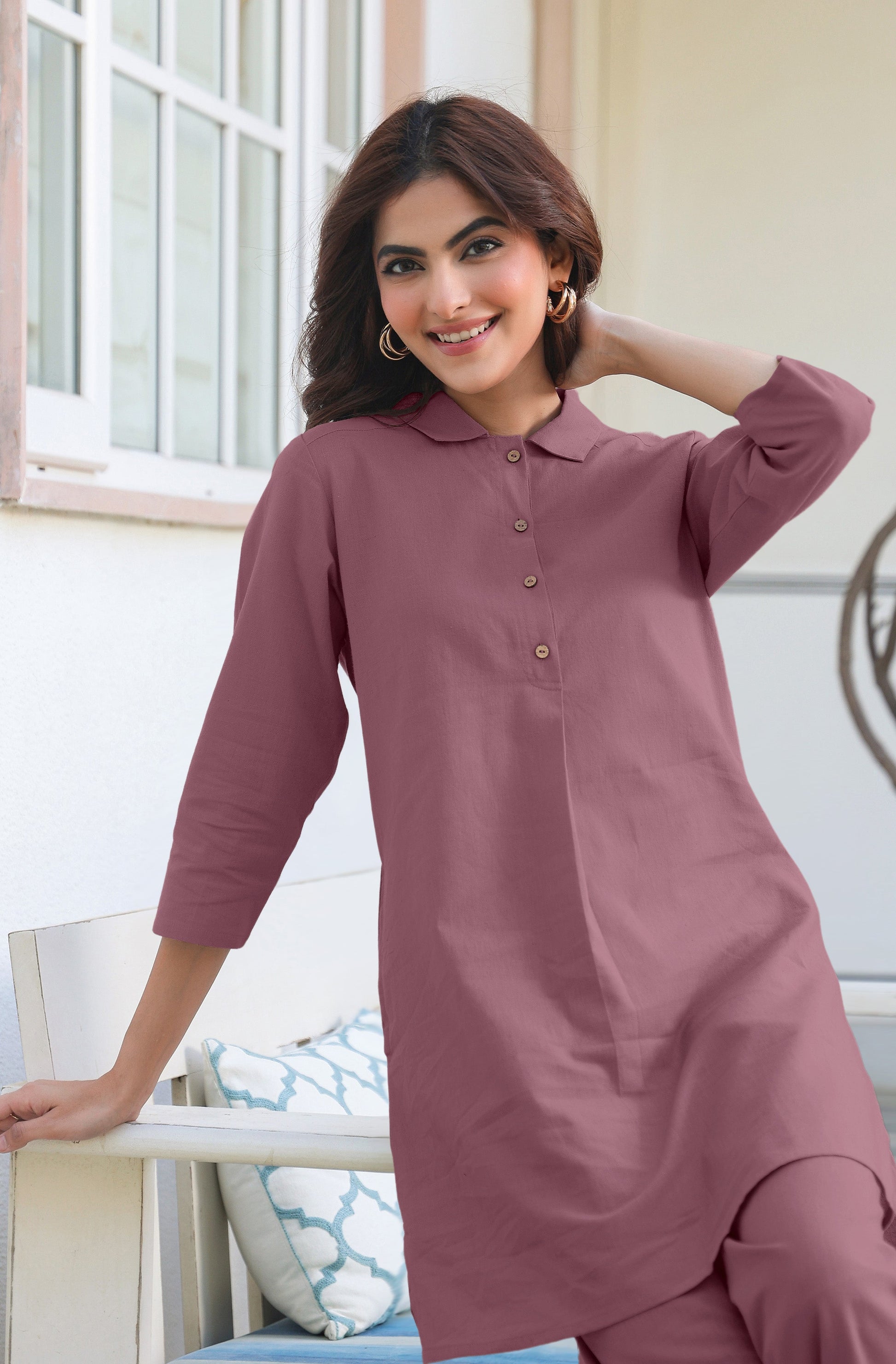 Janasya Light Cotton Solid A-Line Top & Bottom Set | Swadesiicart