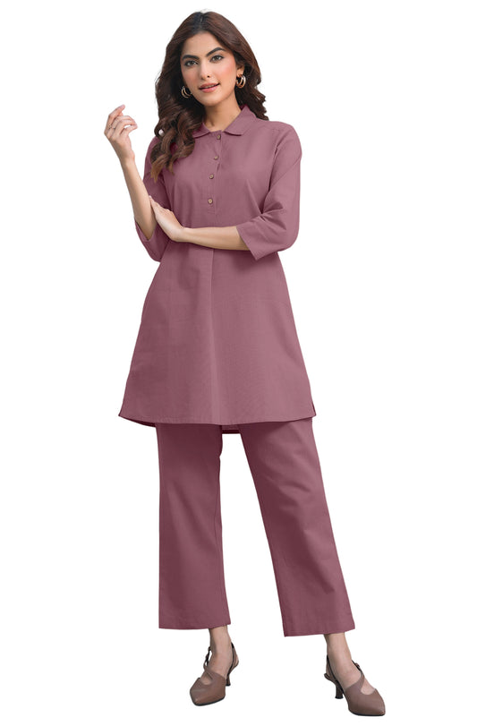Janasya Light Cotton Solid A-Line Top & Bottom Set | Swadesiicart
