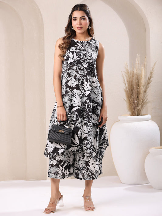 Janasya Dark Rayon Floral A-Line Top & Bottom Set | Swadesiicart