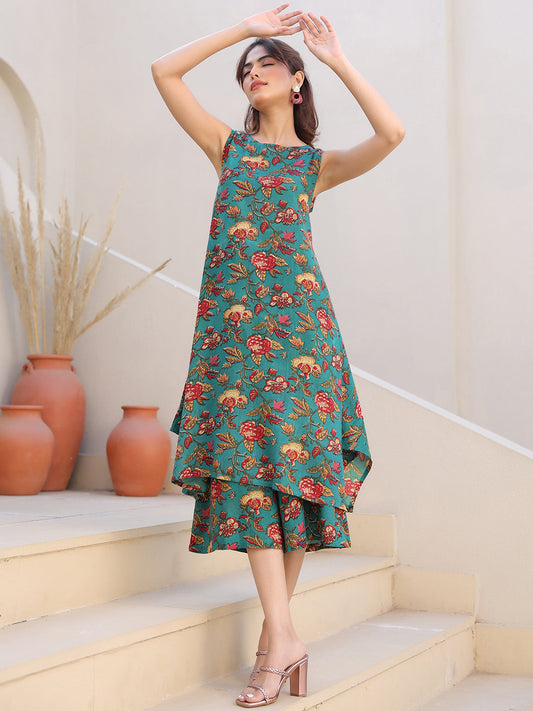 Janasya Dark Rayon Floral A-Line Top & Bottom Set | Swadesiicart