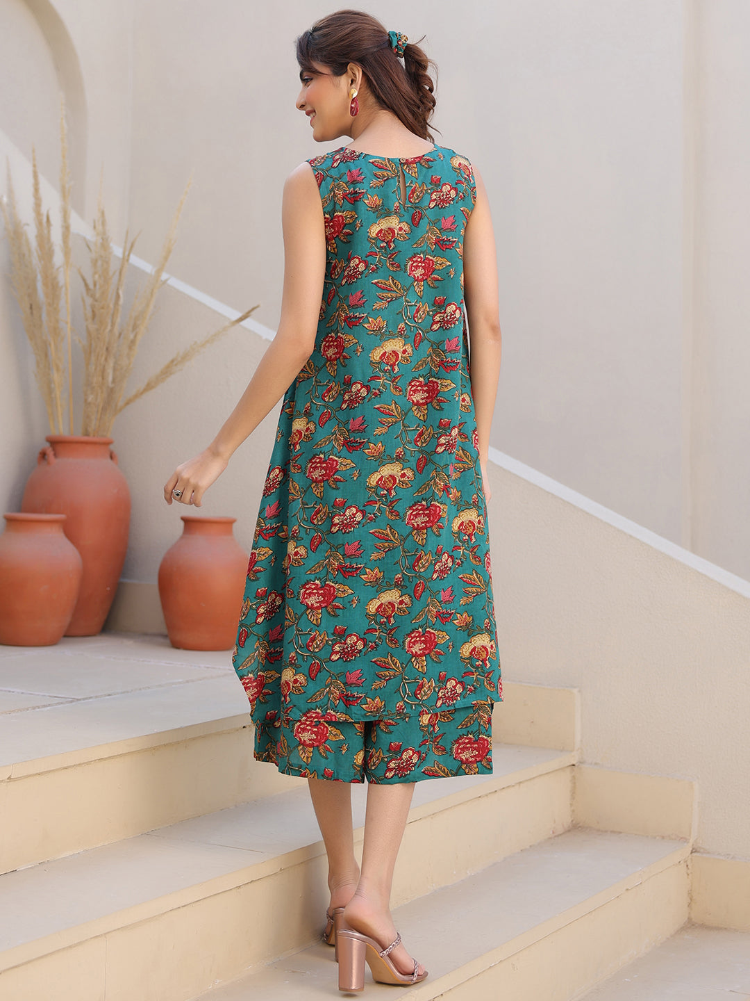 Janasya Dark Rayon Floral A-Line Top & Bottom Set | Swadesiicart