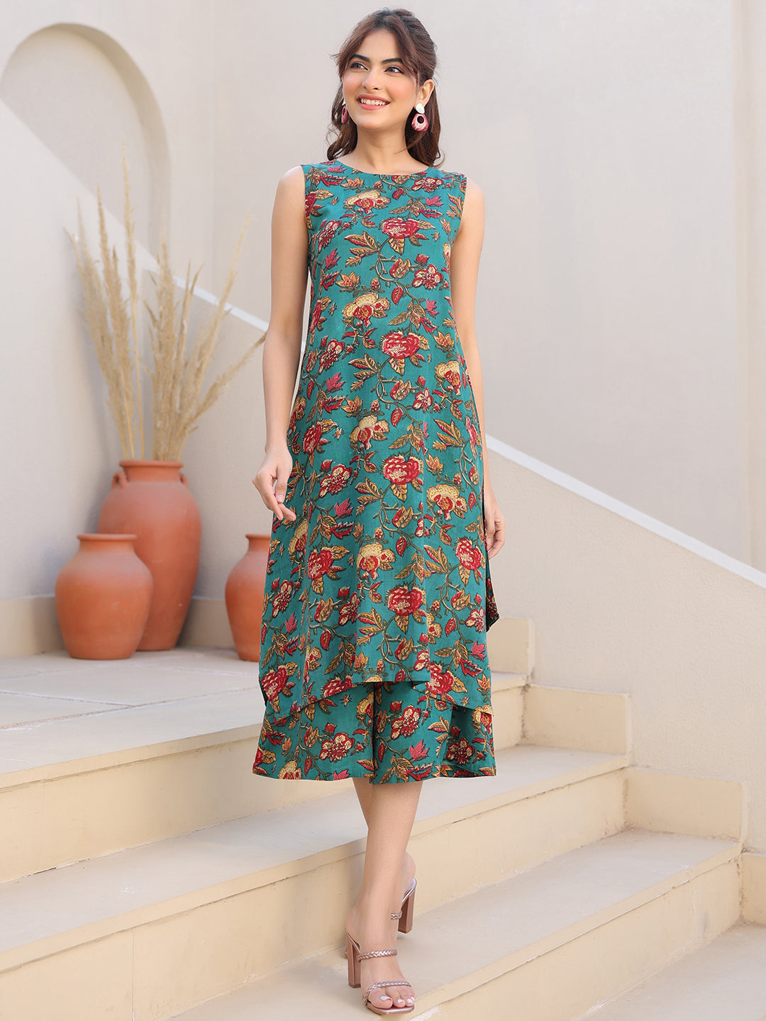 Janasya Dark Rayon Floral A-Line Top & Bottom Set | Swadesiicart