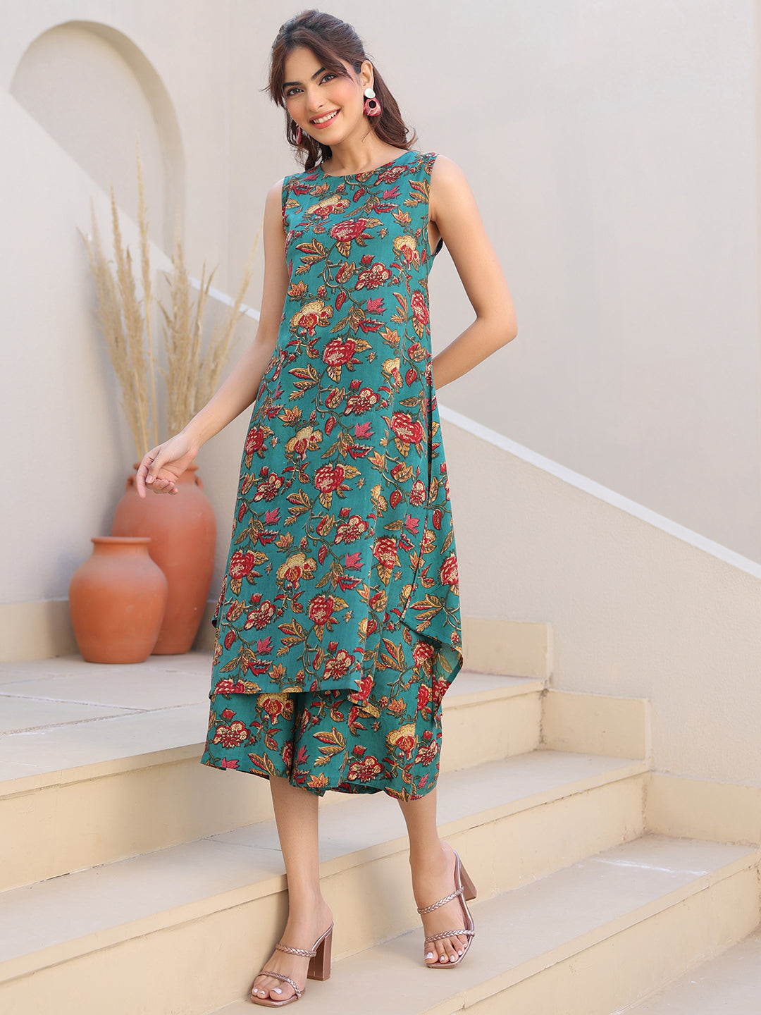 Janasya Dark Rayon Floral A-Line Top & Bottom Set | Swadesiicart