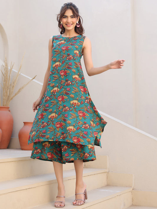 Janasya Dark Rayon Floral A-Line Top & Bottom Set | Swadesiicart