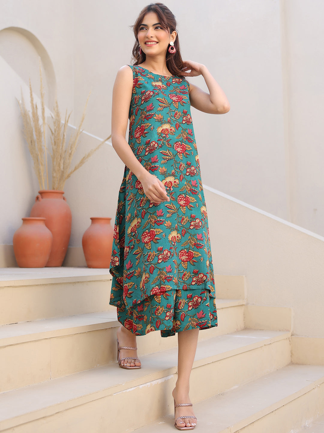 Janasya Dark Rayon Floral A-Line Top & Bottom Set | Swadesiicart