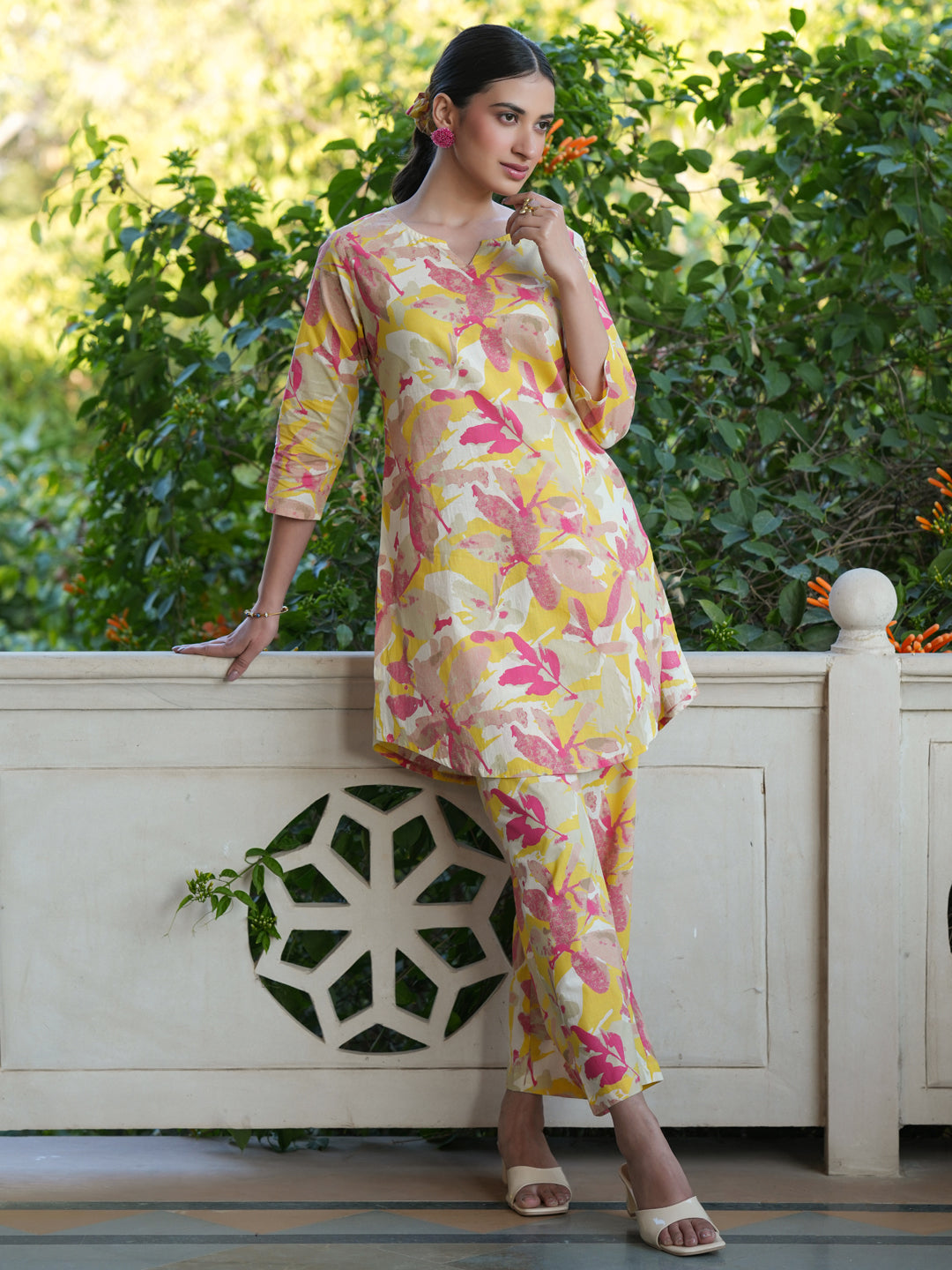 Janasya Bright Cotton Floral Straight Top & Bottom Set | Swadesiicart