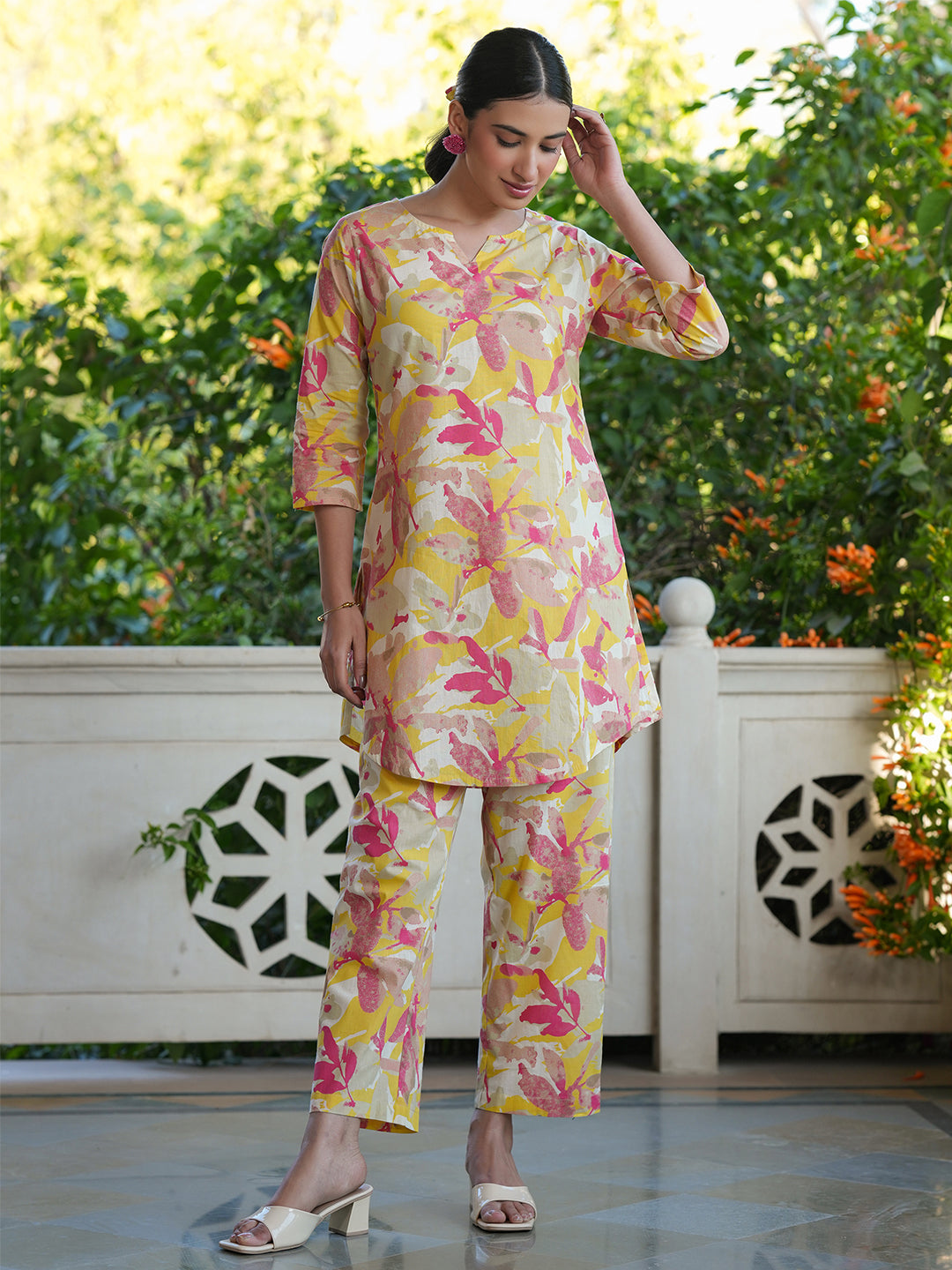 Janasya Bright Cotton Floral Straight Top & Bottom Set | Swadesiicart