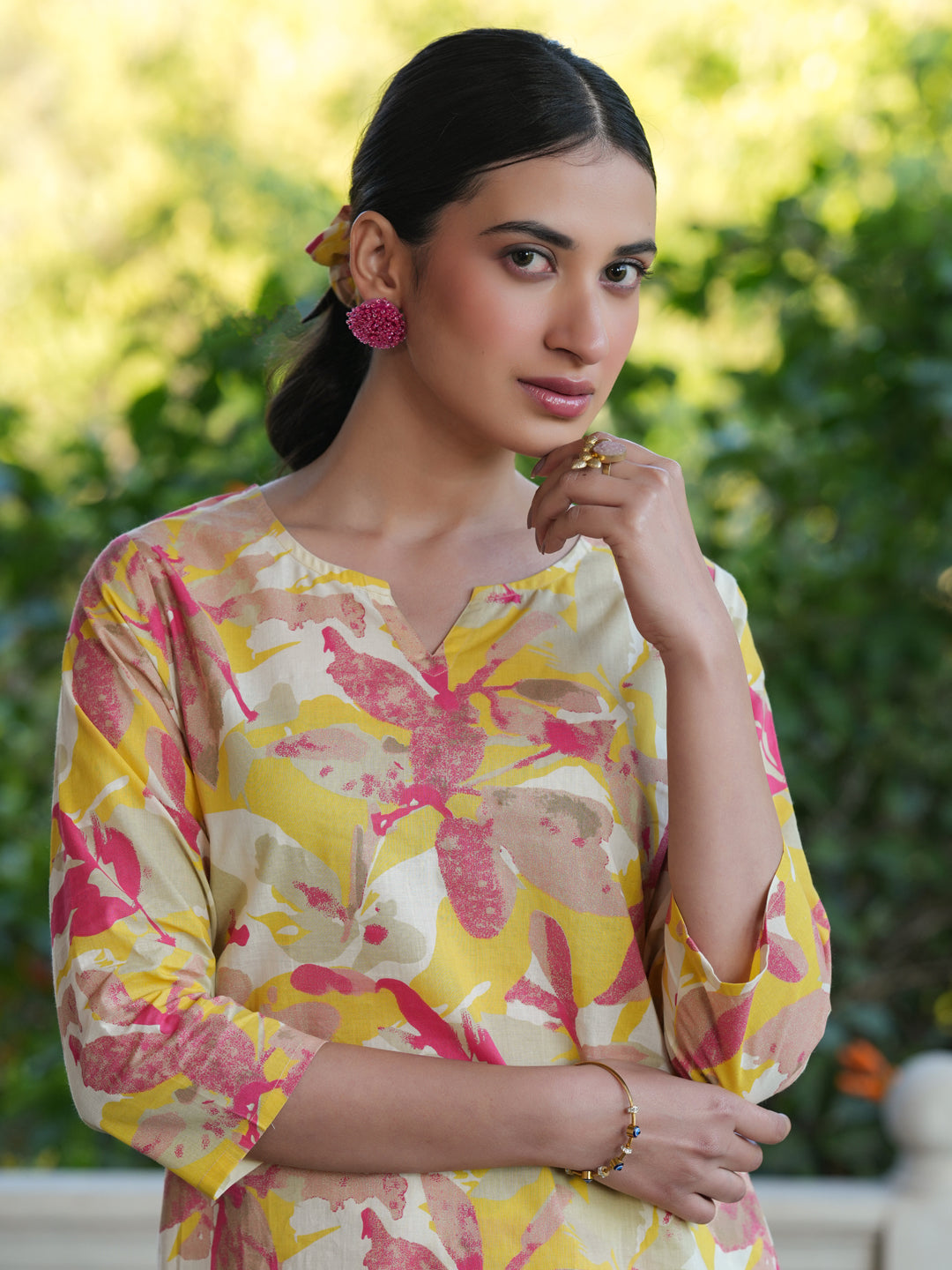 Janasya Bright Cotton Floral Straight Top & Bottom Set | Swadesiicart